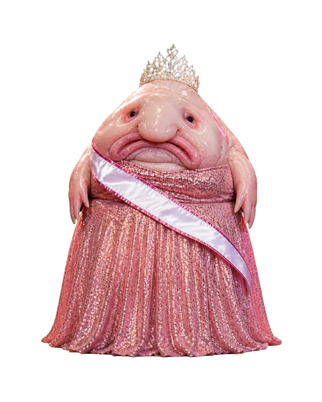 BLOBODY, a pink crowned blob queen in a sequined pageant gown